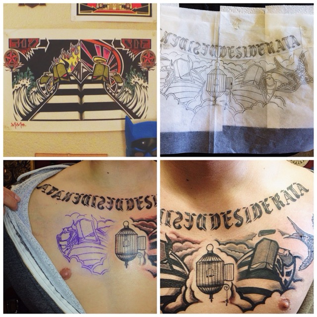 Desiderata chest piece — design and finished tattoo